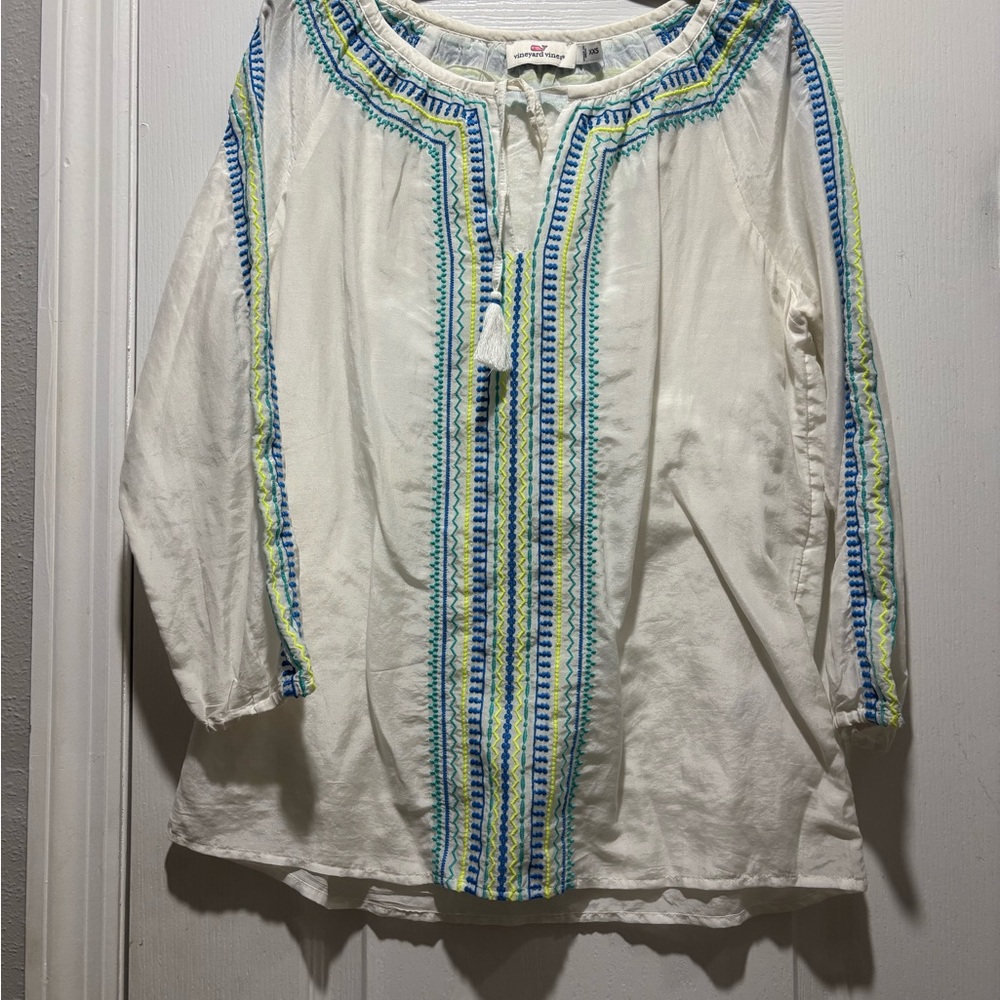 Vineyard Vines Embroidered White Tunic with Blue and Green Accents